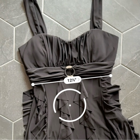 VTG Y2K 2000s Black Ruffle Ruched Bust Rhinestone Metal Hoop Dress - Picture 8 of 9